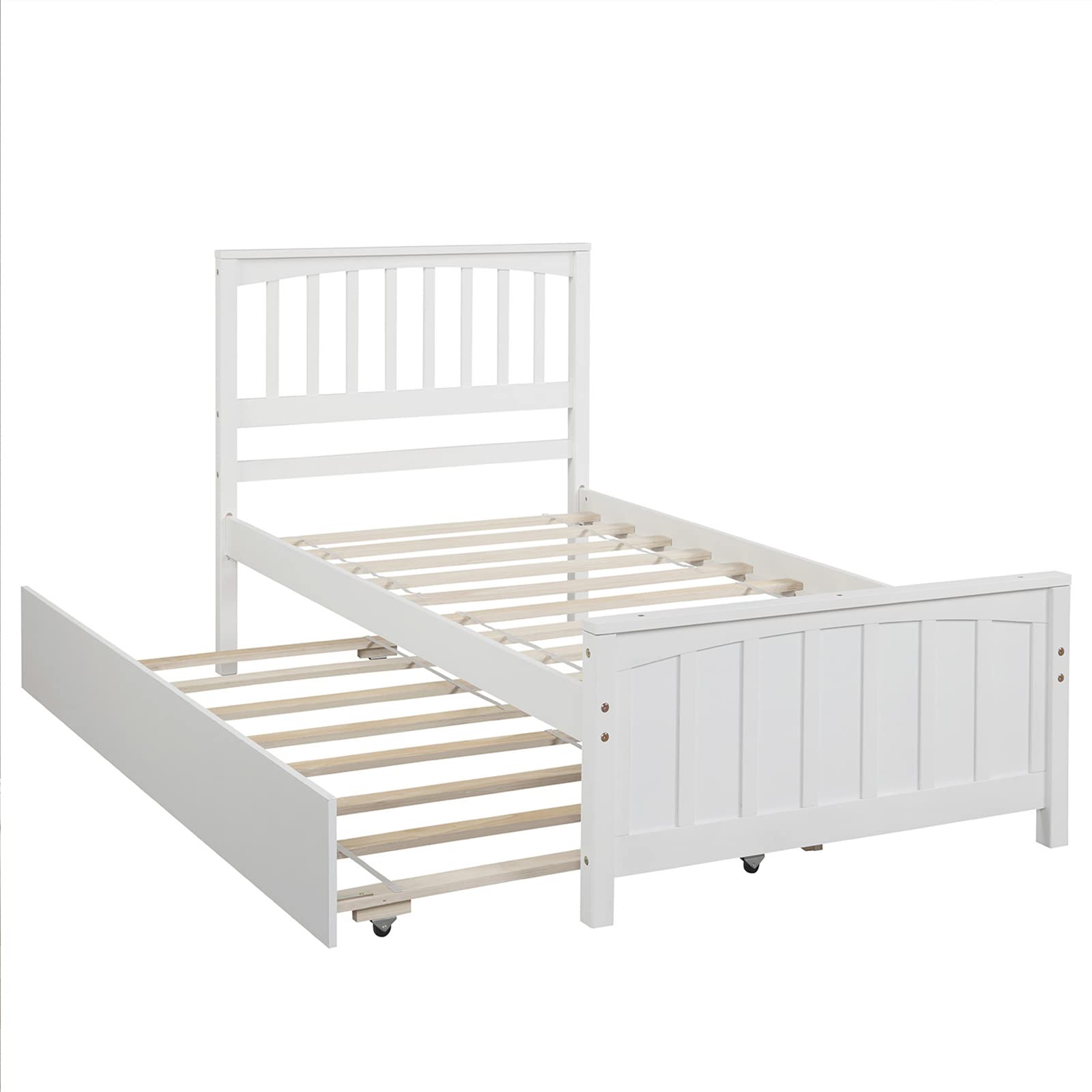 LostCat Twin Size Bed Frame with Trundle and Headboard,Wood Slats Support,Solid Pinewood Bedframe, No Box Spring Needed,for Boys/Girls/Adult Bedroom,White