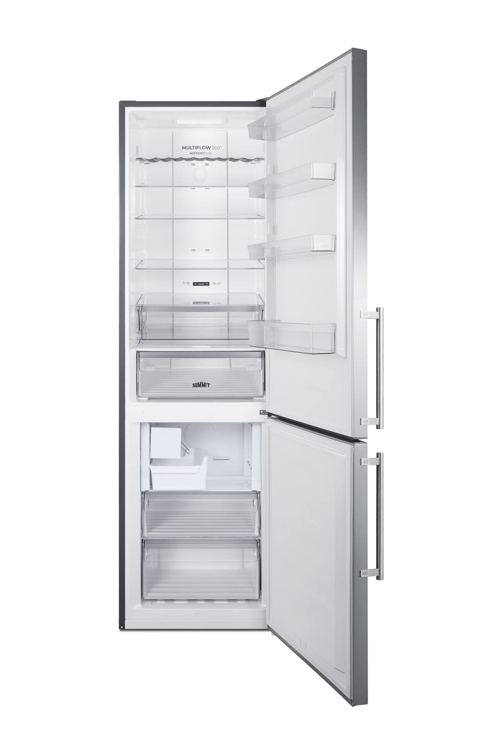 Summit Appliance FFBF181ES2IM 24" Wide Bottom Freezer Refrigerator With Icemaker, 11.7 cu.ft Capacity, Open Door Alarm, Stainless Steel Doors, LED Visual Alarms, No-frost Operation, Multi-Flow Fan