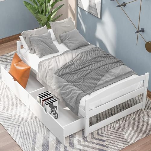 LostCat Twin Bed with Storage, Twin Size Daybed with 2 Drawers, Wood Storage Bed Frame, Twin Size White Bed Frame with Storage, Solid Pinewood Bedframe with Drawers, No Box Spring Needed, White