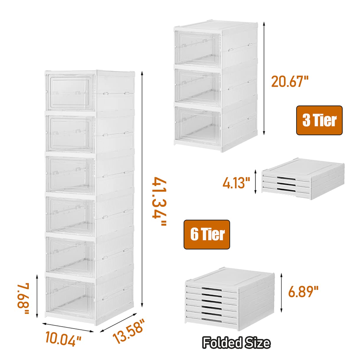 GUDEMAY Drop Front Shoe Storage Box, No Assembly Stackable Shoe Organizer Storage Bin with Clear Door, Free Standing Shoe Shelf Cabinet with Lid, Plastic Shoe Rack for Closet Entryway, 6-Tier