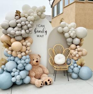 dusty blue brown balloon garland double stuffed blue tan balloons white sand grey latex balloons neutral balloon arch kit for teddy bear baby shower boho birthday gender reveal party decorations