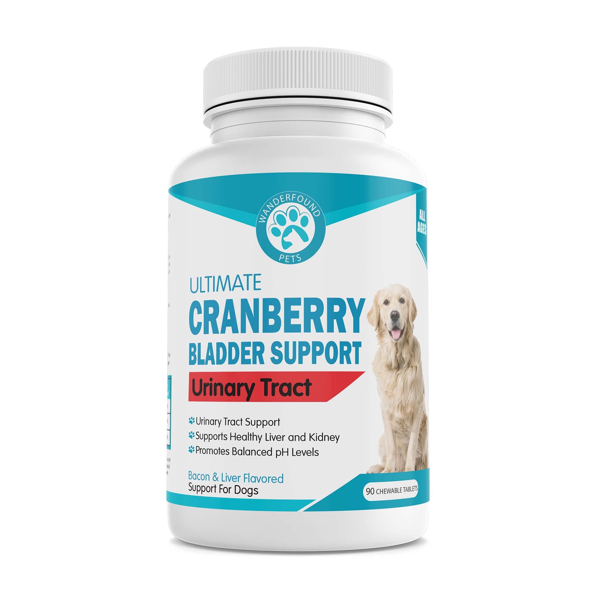 Wanderfound Pets Ultimate Cranberry Bladder UTI Support Supplement for Dogs - Dog Urinary Tract Infection Incontinence Formula with Cordyceps Mushroom - Bacon & Liver Flavor - 90 Chewable Tablets