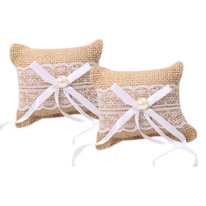 cchude 2 pcs burlap ring pillows wedding ring bearer pillow lace bridal ring holders vintage ring display pillows with bows