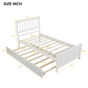 LostCat Twin Size Bed Frame with Trundle and Headboard,Wood Slats Support,Solid Pinewood Bedframe, No Box Spring Needed,for Boys/Girls/Adult Bedroom,White