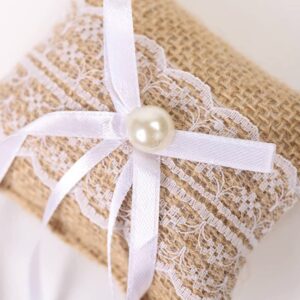 ccHuDE 2 Pcs Burlap Ring Pillows Wedding Ring Bearer Pillow Lace Bridal Ring Holders Vintage Ring Display Pillows with Bows