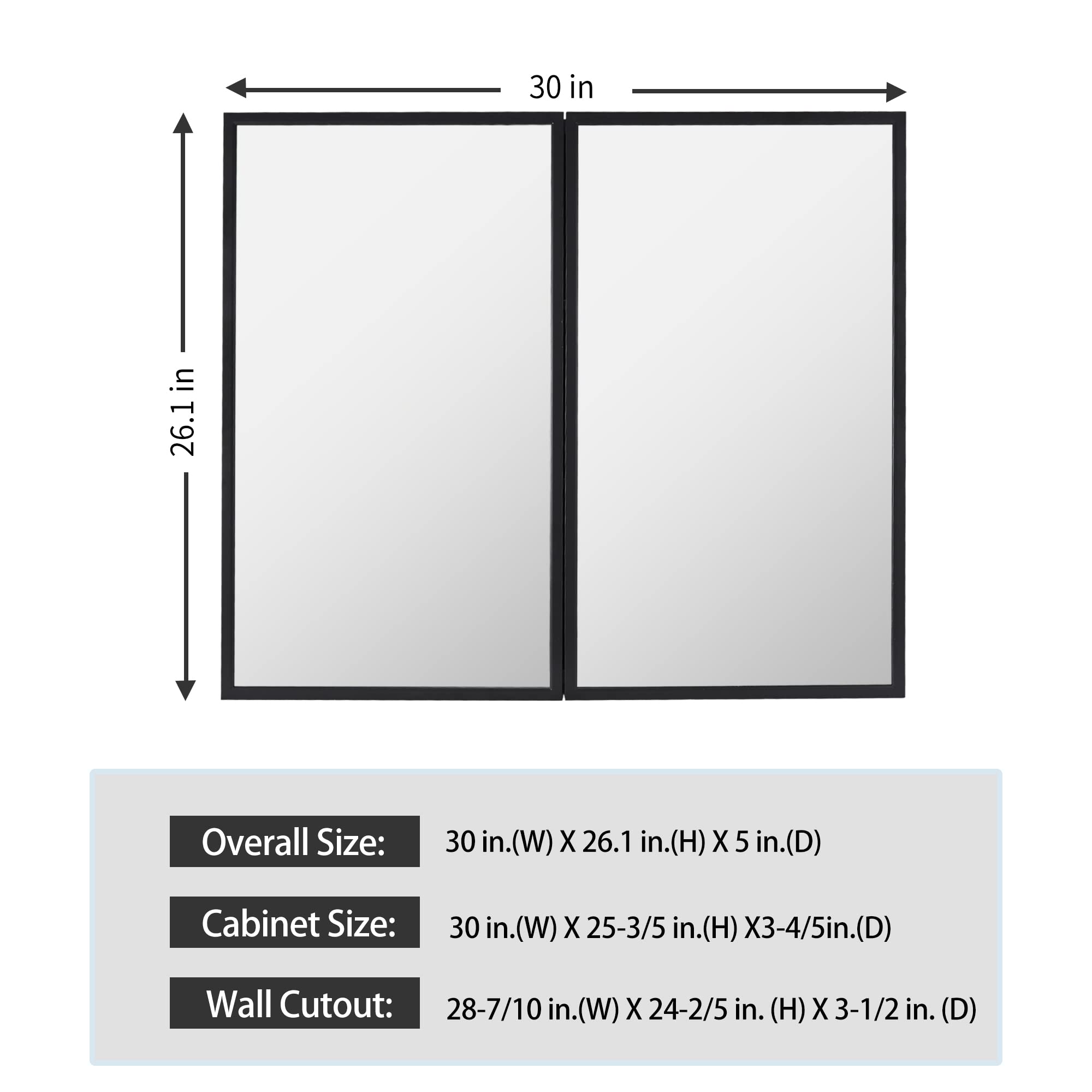 Movo 30 Inch x 27 Inch Farmhouse Black Metal Framed Recessed or Surface Bathroom Medicine Cabinet with Mirror Rectangle Tilting Beveled Vanity Mirros for Wall