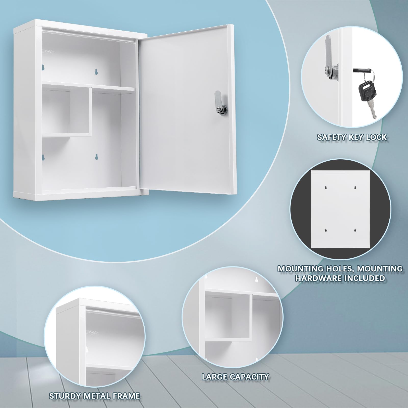 KYODOLED Wall Mount Medicine Cabinet, Large Capacity First Aid Wall Cabinet for Bathroom, Locking Medicine Cabinet with Key, Secure Steel Lock Box for Medication, White