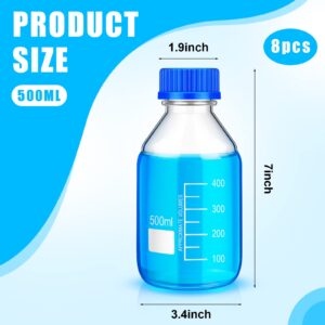 Irenare 8 Pieces Media Storage Bottles Borosilicate Storage Glass Bottle Scientific Round Graduated Media Bottle with Blue GL45 Screw Cap for Lab Water Reagent Liquids (500 ml)