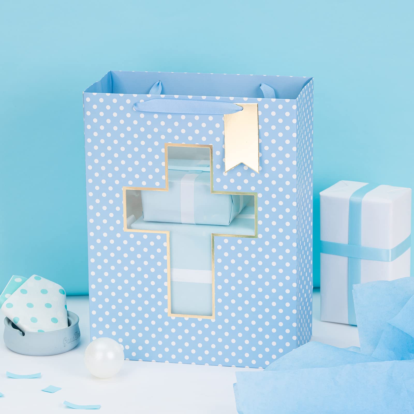 Loveinside Blue Gift Bag with Cross Design, Tissue Paper for Baby Boy Baptisms, Christenings, First Communions Religious Occasion- 10" x 5" x 13", 1 Pcs