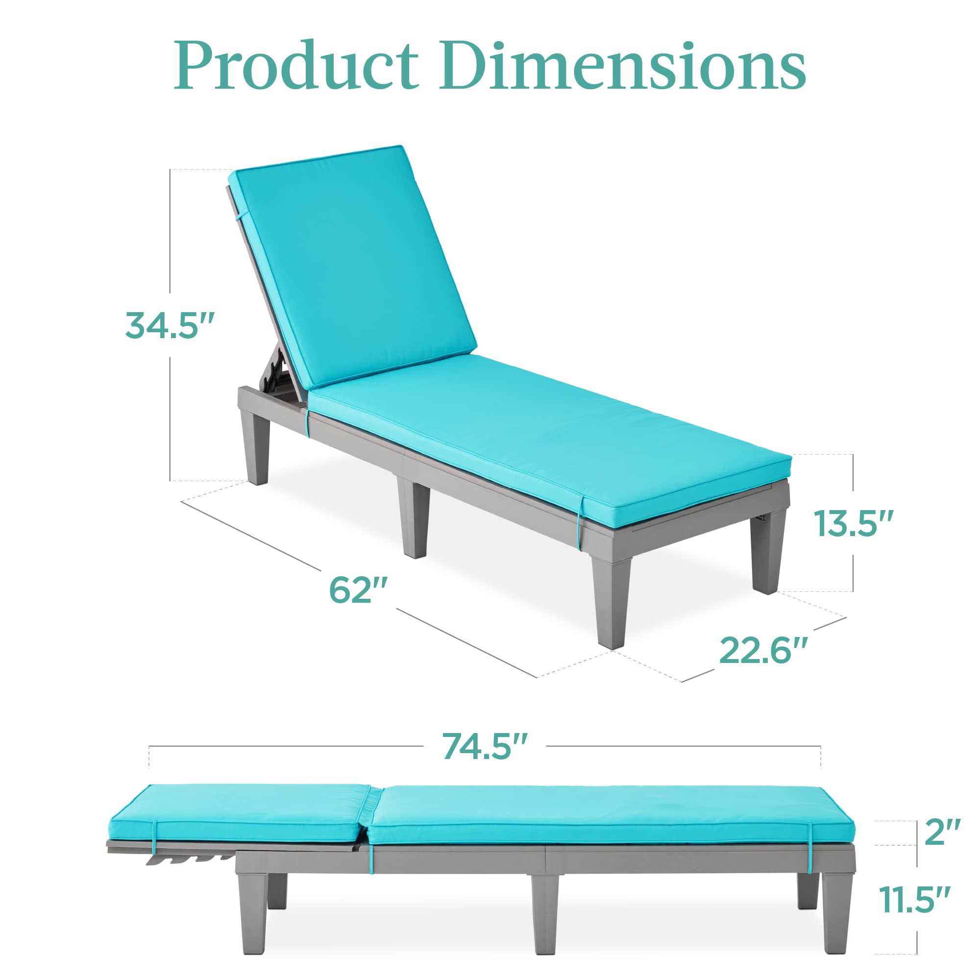 Best Choice Products Outdoor Lounge Chair, Resin Patio Chaise Lounger for Poolside, Backyard, Porch w/Seat Cushion, Adjustable Backrest, 5 Positions, 330lb Capacity - Gray/Teal