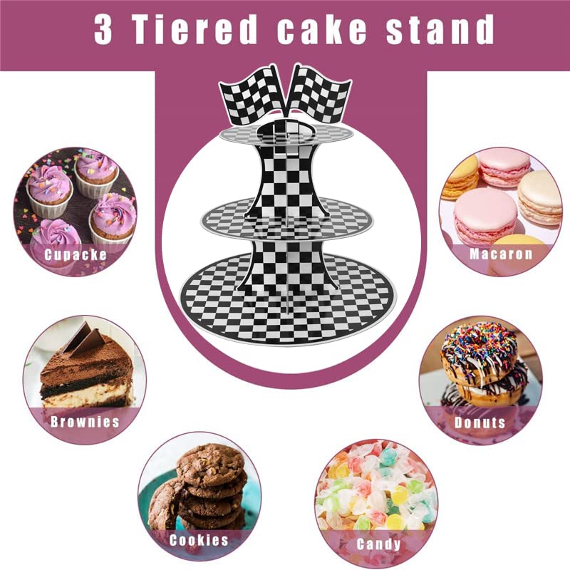 Racing Car Theme Cardboard Cupcake Stand,3-Tier Round Cupcake Holder Car Theme Dessert Stand for Racing Cars Birthday Party Supplies Decor