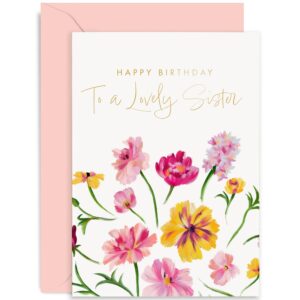 old english co. happy birthday card for sister from sibling - cute flower design with gold foil - colourful floral lovely sister birthday cards | blank inside with envelope