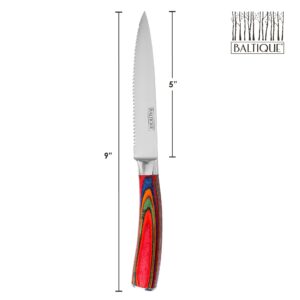 Baltique Marrakesh Collection Kitchen Steak Knives Set of 6, 5-Inch Stainless Steel Serrated Knife Set with Colorful Wooden Handles for Cutting Meat