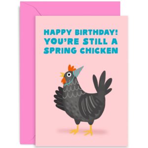 old english co. spring chicken funny happy birthday card - cute chicken themed birthday card for mum, dad, uncle, auntie - birthday party | blank inside with envelope