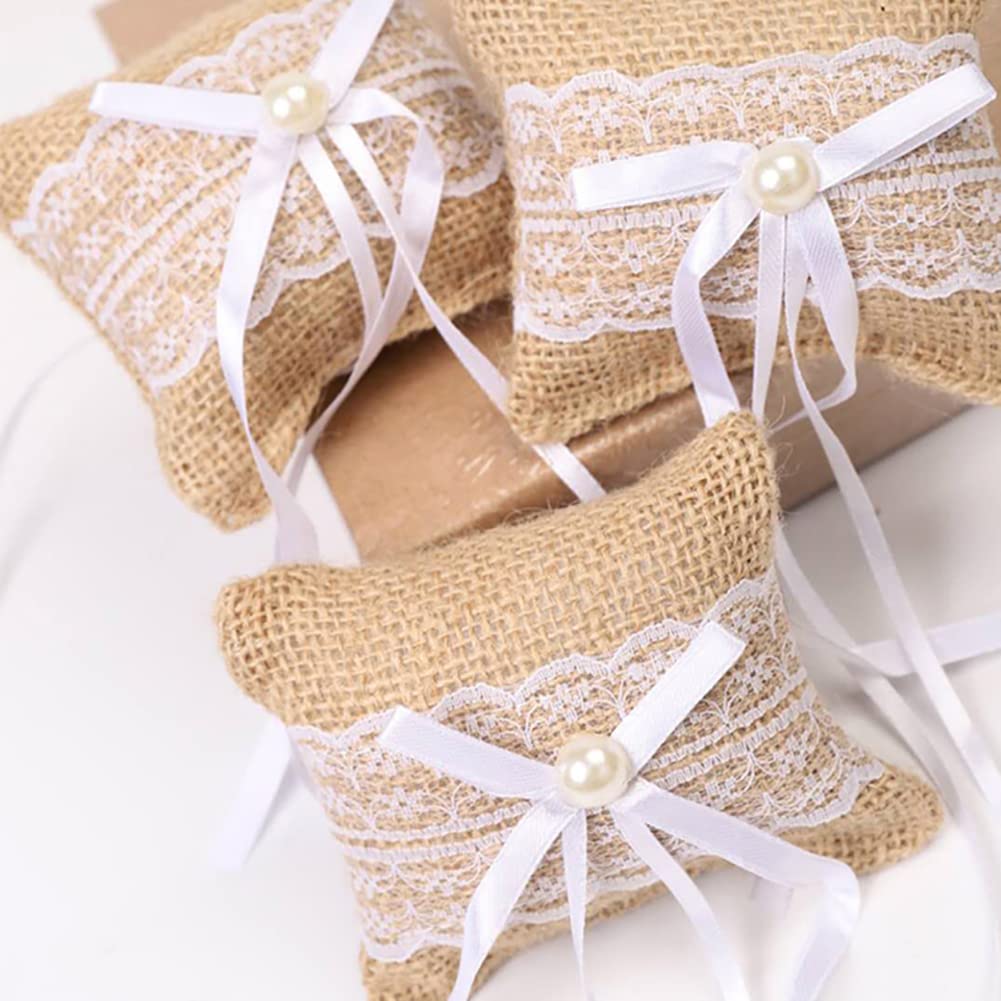 ccHuDE 2 Pcs Burlap Ring Pillows Wedding Ring Bearer Pillow Lace Bridal Ring Holders Vintage Ring Display Pillows with Bows