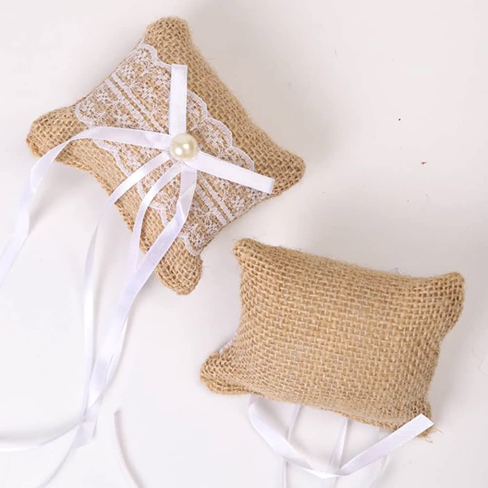 ccHuDE 2 Pcs Burlap Ring Pillows Wedding Ring Bearer Pillow Lace Bridal Ring Holders Vintage Ring Display Pillows with Bows