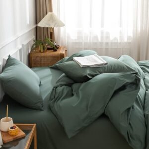 TazmKezm Green Duvet Cover 100% Washed Cotton Duvet Cover Set, 3 PCs Breathable Soft Bedding Set Linen Textured. Solid Color Pattern Duvet Cover King Size (No Comforter)