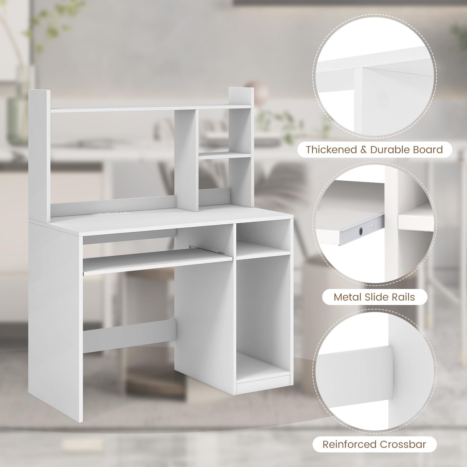 Tangkula White Desk with Hutch &Charging Station, Home Office Desk with Keyboard Tray & CPU Stand, Modern Laptop PC Desk, Space-Saving Writing Study Desk with Bookshelf, Ideal for Dorm Bedroom