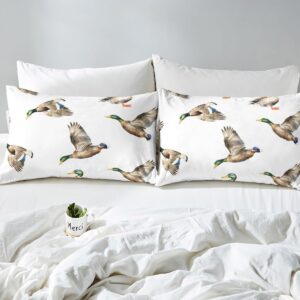 Mallard Duck Bed Sheet Set Hunting and Fishing Fitted Sheet Wild Animal Bedding Set for Boys Girls Kids Wildlife White Bed Cover Full Size with 2 Pillow Case