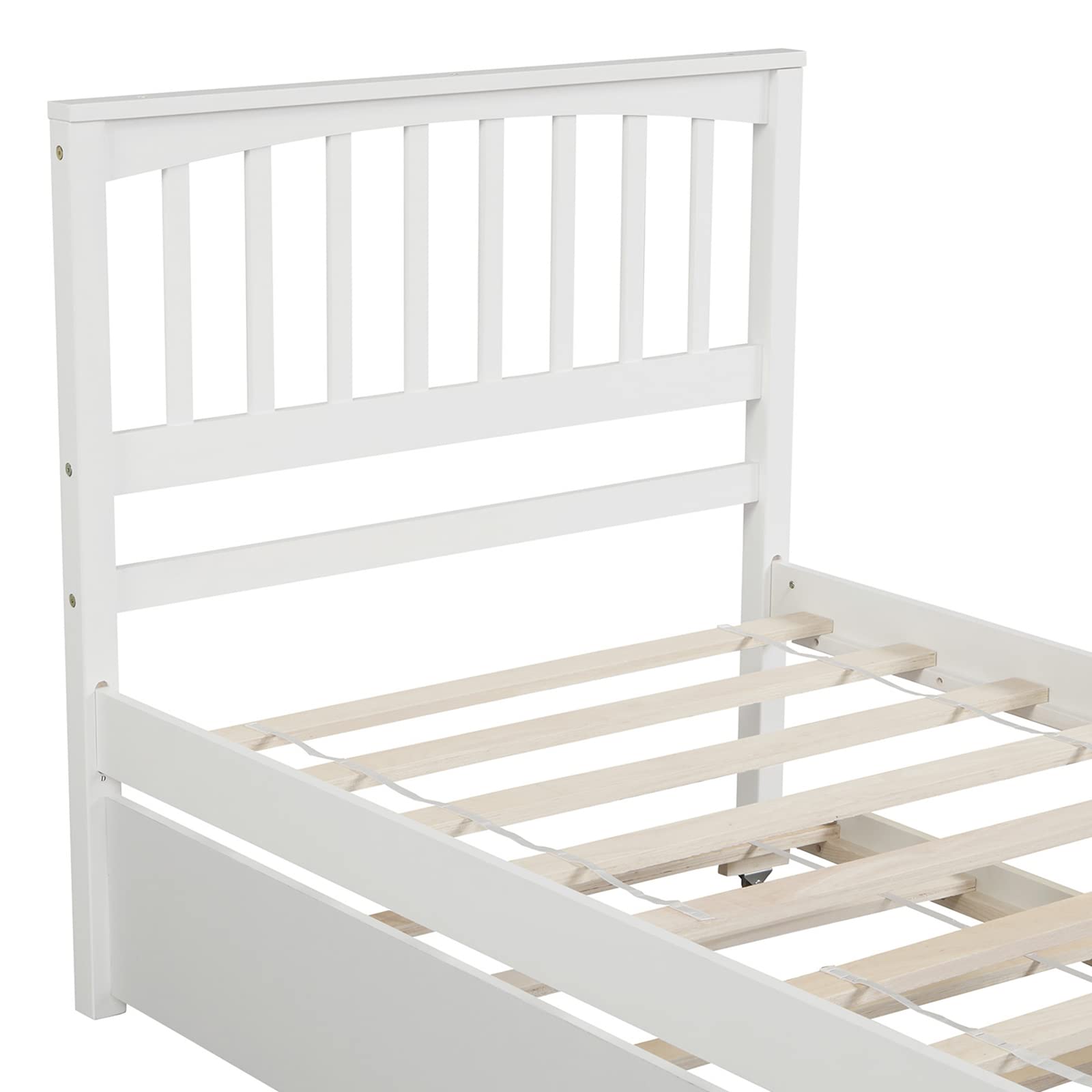 LostCat Twin Size Bed Frame with Trundle and Headboard,Wood Slats Support,Solid Pinewood Bedframe, No Box Spring Needed,for Boys/Girls/Adult Bedroom,White