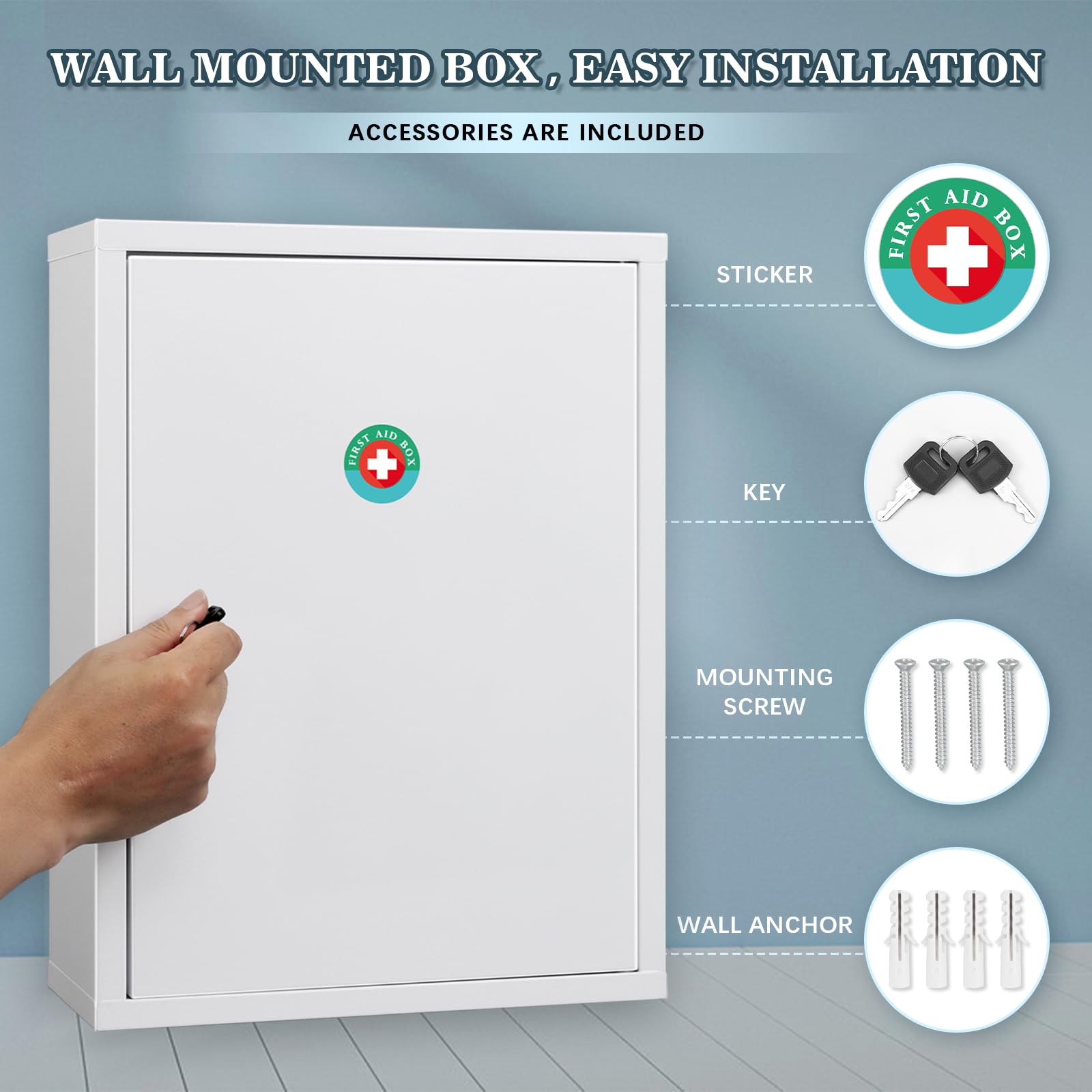 KYODOLED Wall Mount Medicine Cabinet, Large Capacity First Aid Wall Cabinet for Bathroom, Locking Medicine Cabinet with Key, Secure Steel Lock Box for Medication, White