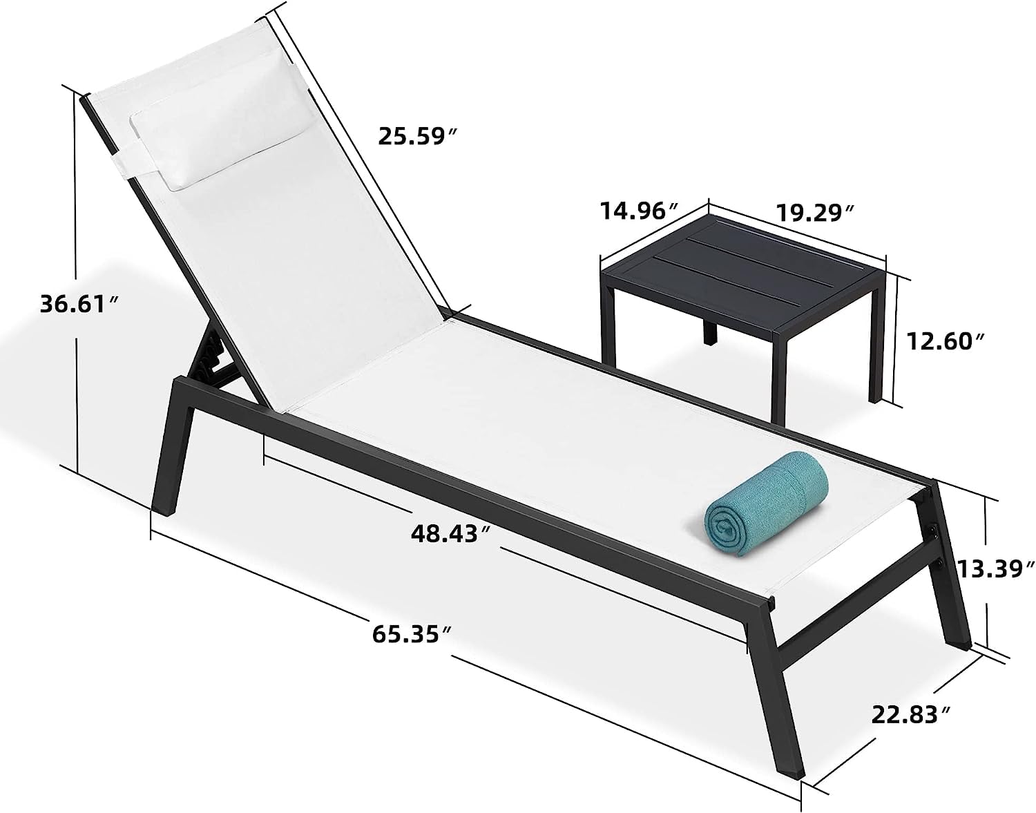 PURPLE LEAF Outdoor Lounge Chairs Set Patio Chaise Lounges Outside with 2 Side Tables for Beach Pool Sun Lounger Reclining Chair White