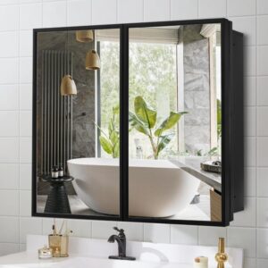 movo 30 inch x 27 inch farmhouse black metal framed recessed or surface bathroom medicine cabinet with mirror rectangle tilting beveled vanity mirros for wall