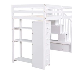 MERITLINE Twin Size Loft Bed with Stairs and Storage,Wooden Twin Loft Bed with 4 Drawers and Shelves, Kids Loft Bed Twin for Girls Boys Bedroom, Dorm(Twin,White)