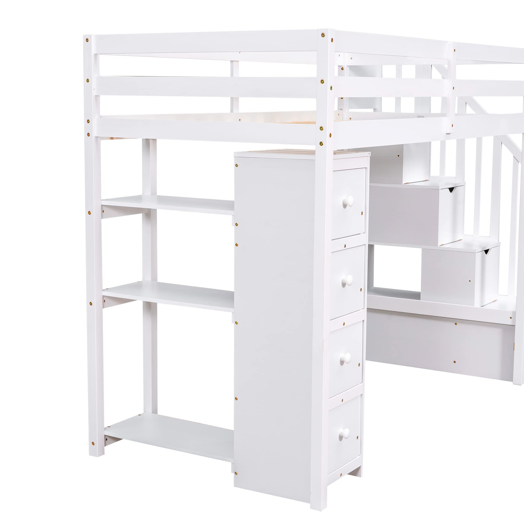 MERITLINE Twin Size Loft Bed with Stairs and Storage,Wooden Twin Loft Bed with 4 Drawers and Shelves, Kids Loft Bed Twin for Girls Boys Bedroom, Dorm(Twin,White)