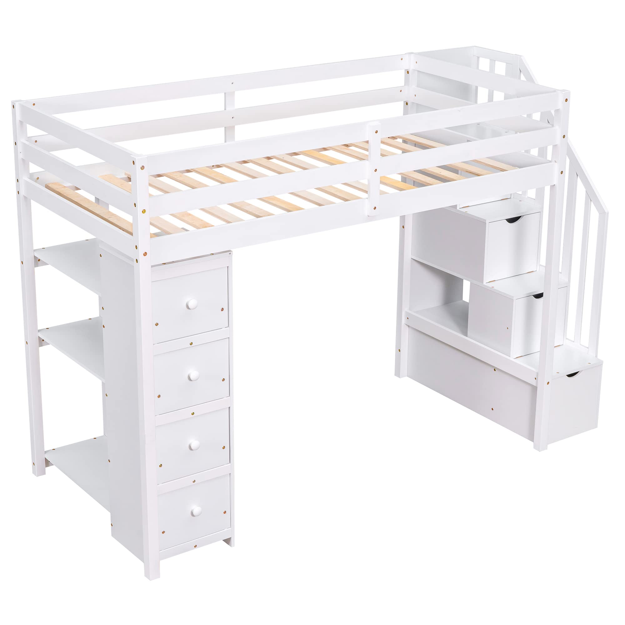 MERITLINE Twin Size Loft Bed with Stairs and Storage,Wooden Twin Loft Bed with 4 Drawers and Shelves, Kids Loft Bed Twin for Girls Boys Bedroom, Dorm(Twin,White)