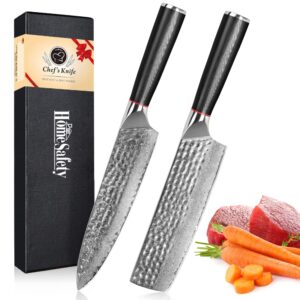 home safety damascus steel chef nakiri knife 2pcs professional cooking knife set – razor sharp kitchen chef's knives with ergonomic g10 handle, water ripple blade non-stick cleaver, gift box