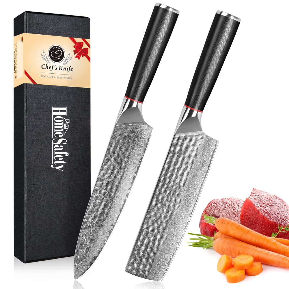 Home Safety Damascus Steel Chef Nakiri Knife 2Pcs Professional Cooking Knife Set – Razor Sharp Kitchen Chef's Knives with Ergonomic G10 Handle, Water Ripple Blade Non-Stick Cleaver, Gift Box