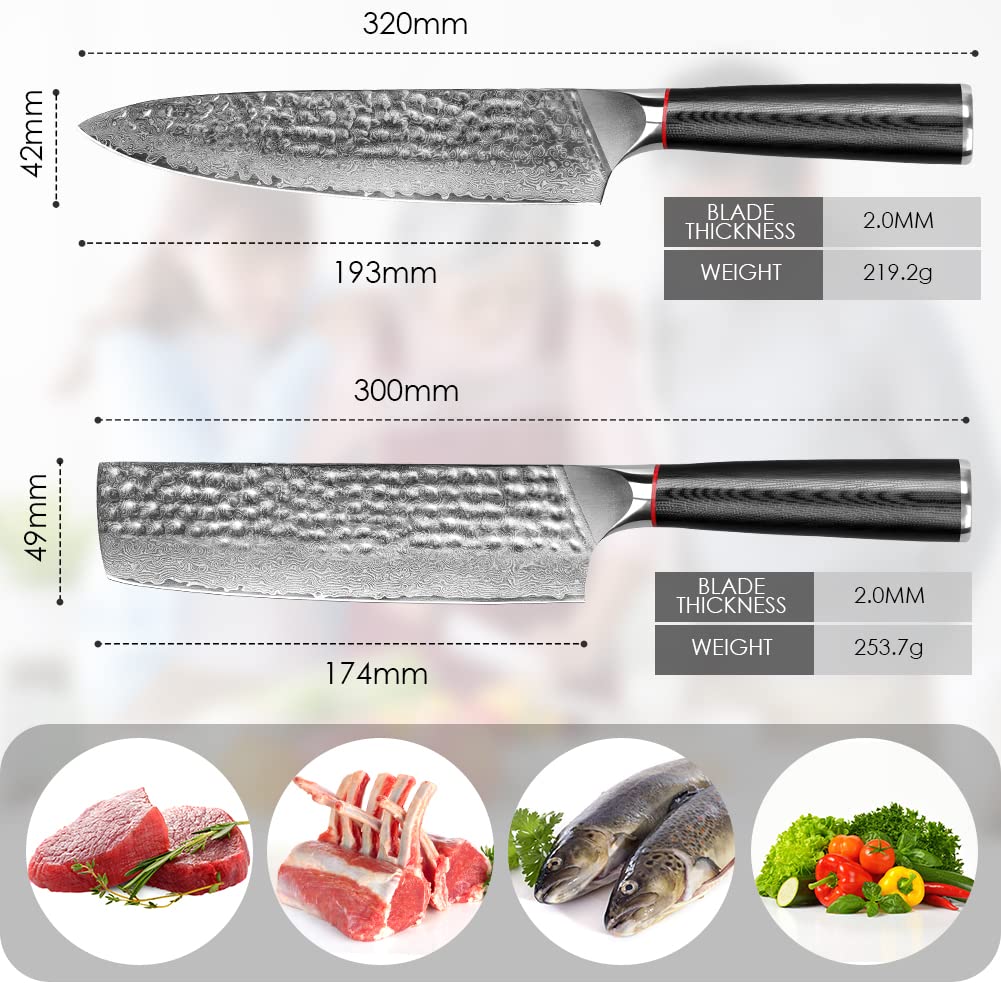 Home Safety Damascus Steel Chef Nakiri Knife 2Pcs Professional Cooking Knife Set – Razor Sharp Kitchen Chef's Knives with Ergonomic G10 Handle, Water Ripple Blade Non-Stick Cleaver, Gift Box