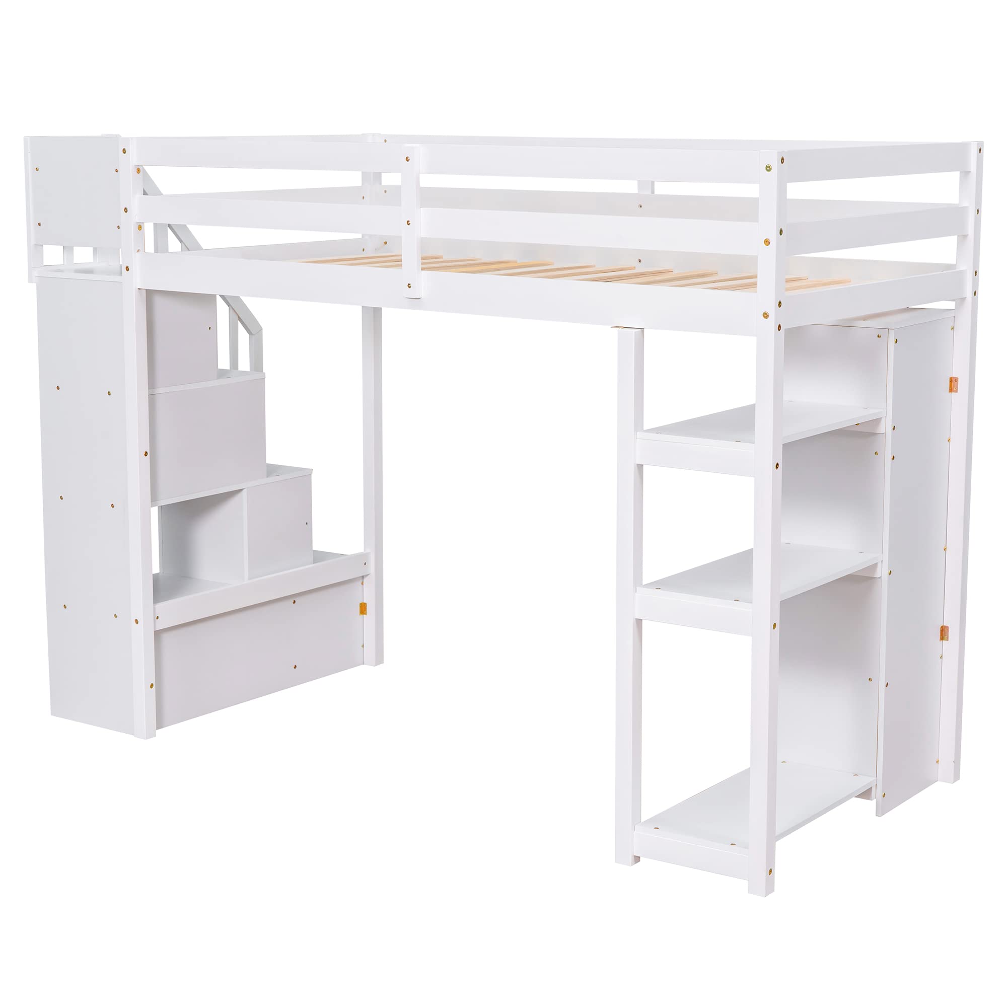 MERITLINE Twin Size Loft Bed with Stairs and Storage,Wooden Twin Loft Bed with 4 Drawers and Shelves, Kids Loft Bed Twin for Girls Boys Bedroom, Dorm(Twin,White)