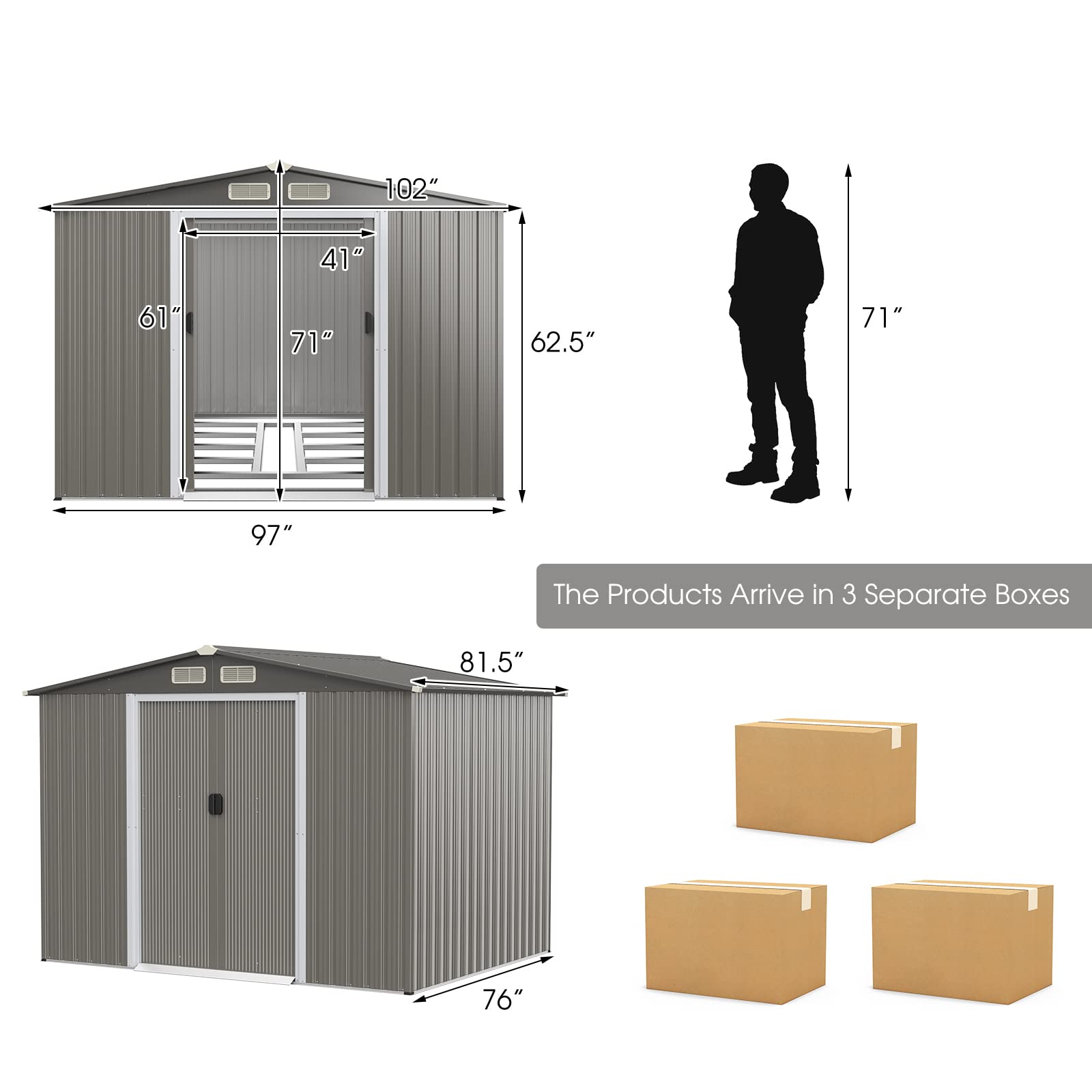 Goplus Outdoor Storage Shed, 8.5’ x 6.8’ x 6’ Weather-Resistant Utility Tool Organizer w/Foundation, 4 Louvers, Double Doors & Ramp, Galvanized Steel Tool Shed for Garden, Lawn, Yard