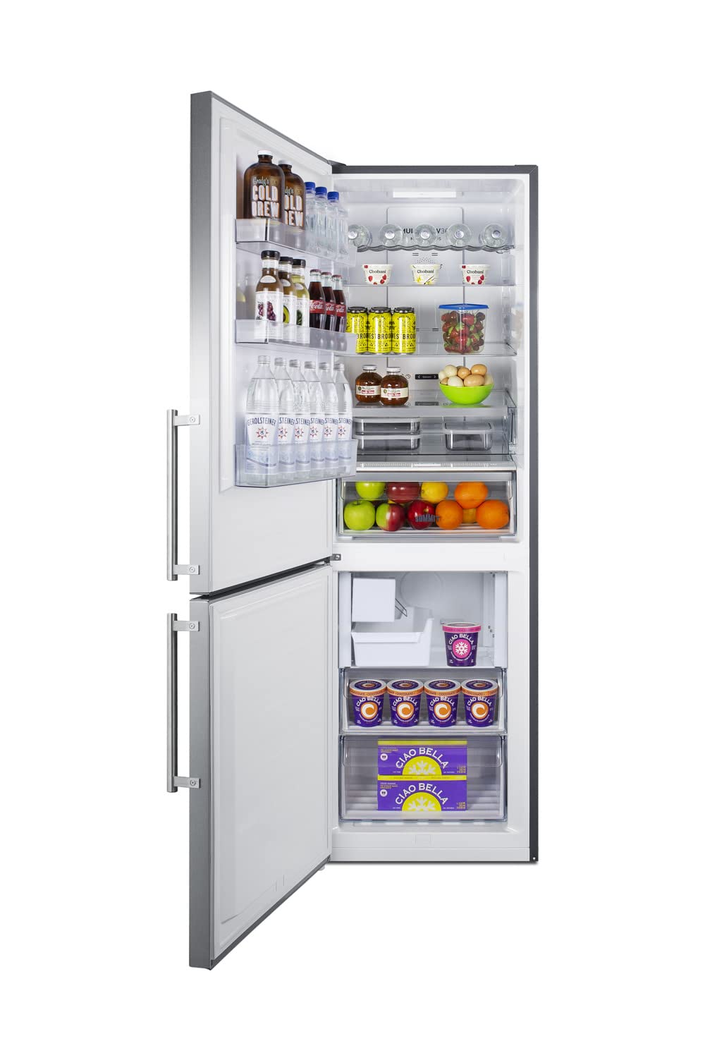 Summit Appliance FFBF249SS2IMLHD 24" Wide Bottom Freezer Refrigerator with Icemaker, 10.6 cu.ft Capacity, Open Door Alarm, Stainless Steel Doors, Frost-Free Operation, LED Visual Alarms