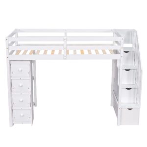 MERITLINE Twin Size Loft Bed with Stairs and Storage,Wooden Twin Loft Bed with 4 Drawers and Shelves, Kids Loft Bed Twin for Girls Boys Bedroom, Dorm(Twin,White)