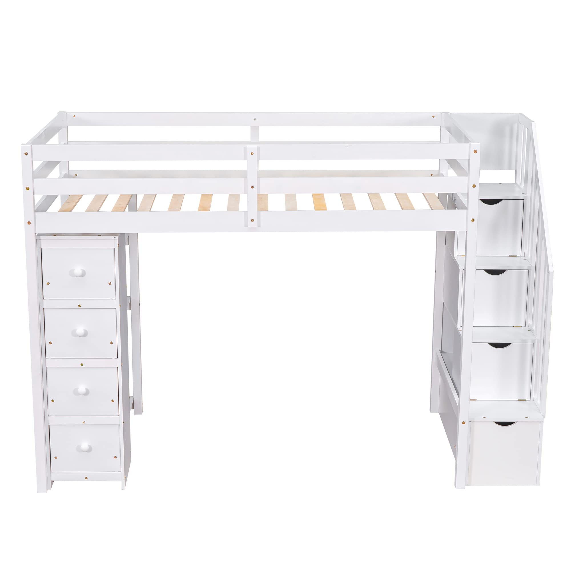 MERITLINE Twin Size Loft Bed with Stairs and Storage,Wooden Twin Loft Bed with 4 Drawers and Shelves, Kids Loft Bed Twin for Girls Boys Bedroom, Dorm(Twin,White)