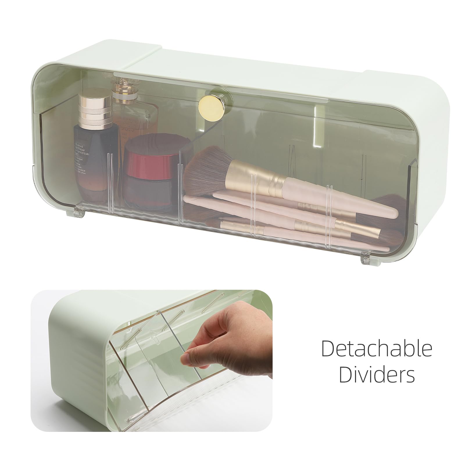 Tecbeauty 5 Grids Qtip Holder Dispenser, Wall Mounted Cotton Ball Organizers Storage Box with 4 Detachable Dividers for Cotton Swabs, Cotton Rounds, Lipstick, Hairpin, Cosmetics (Green)