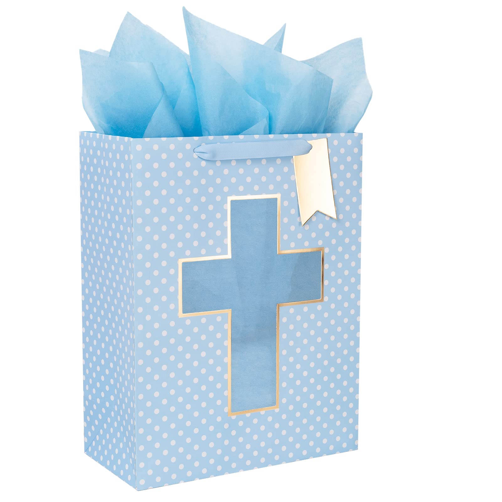 Loveinside Blue Gift Bag with Cross Design, Tissue Paper for Baby Boy Baptisms, Christenings, First Communions Religious Occasion- 10" x 5" x 13", 1 Pcs