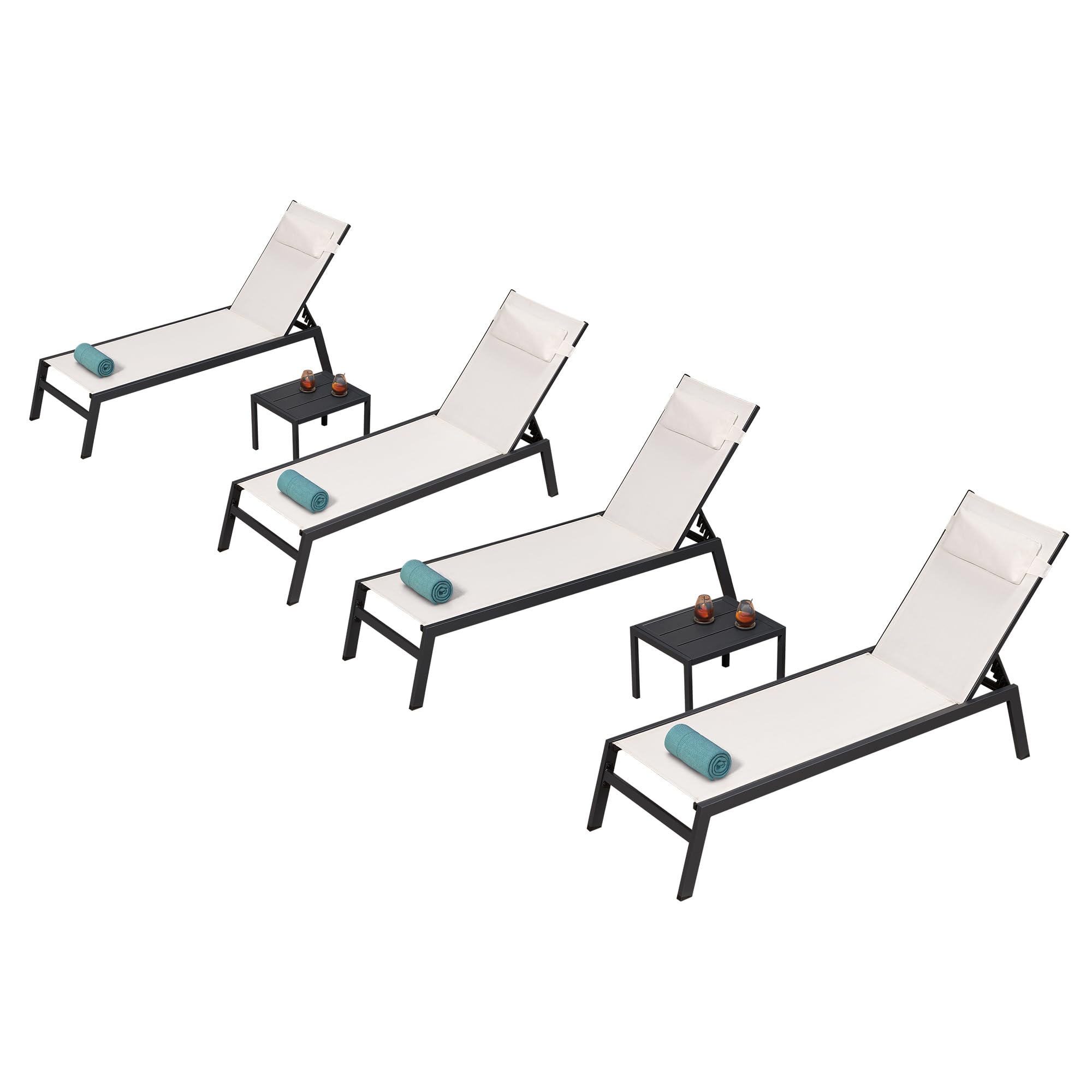 PURPLE LEAF Outdoor Lounge Chairs Set Patio Chaise Lounges Outside with 2 Side Tables for Beach Pool Sun Lounger Reclining Chair White