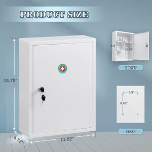 KYODOLED Wall Mount Medicine Cabinet, Large Capacity First Aid Wall Cabinet for Bathroom, Locking Medicine Cabinet with Key, Secure Steel Lock Box for Medication, White