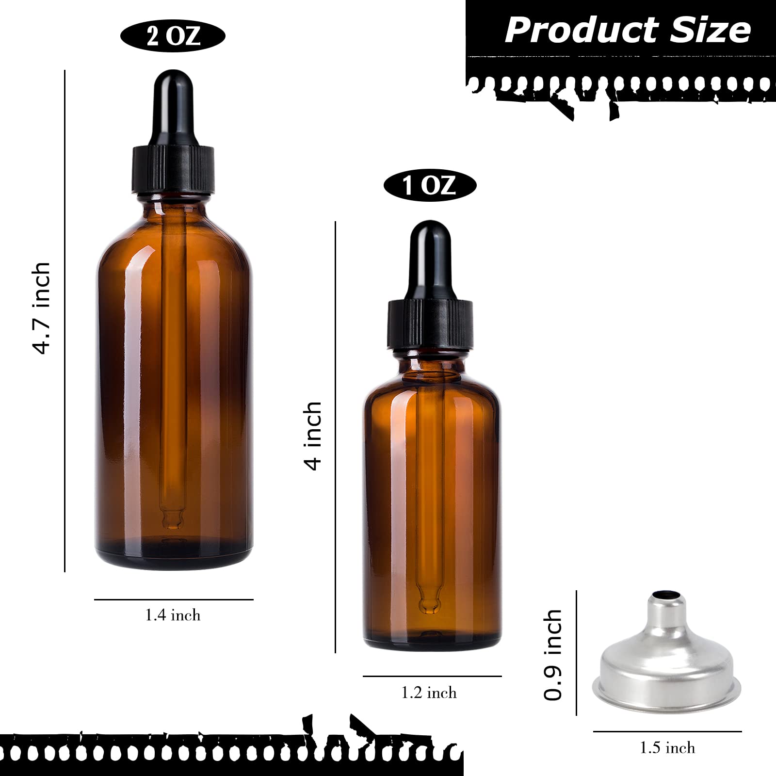 LXLOVESM 4 Pcs 1oz+2oz Amber Glass Dropper Bottle,Tincture Bottles with Eye Droppers,Leakproof Essential Oils Bottles,with 1 Stainless Steel Funnels