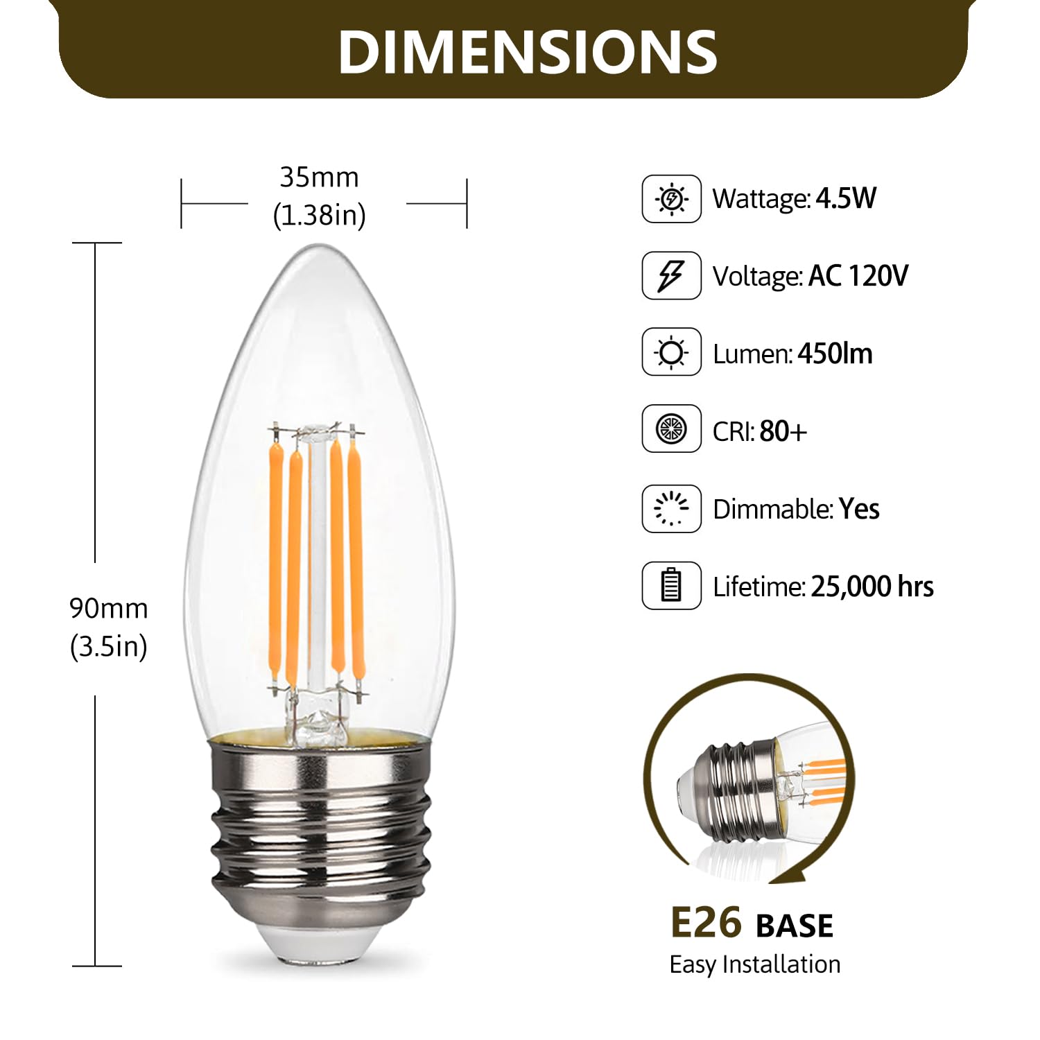 YIMILITE B11 E26 LED Candelabra Bulbs 4.5W(40 Watt Equivalent) 2700K Warm White 450LM Dimmable LED Filament Chandelier Light Bulbs Clear Glass Candle Lamp for Ceiling Fan Home Decor 6 Pack