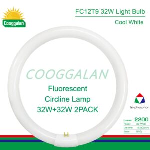 COOGGALAN FC12T9/CW 32W Cool White Circular Light Bulbs, 12 inch Round T9 32 Watts FC12T9/841 4100K Circline Fluorescent Bulb, Replacement Kitchen and Bath Circle Light Bulb, G10q 4 Pin Prong, 2 Pack