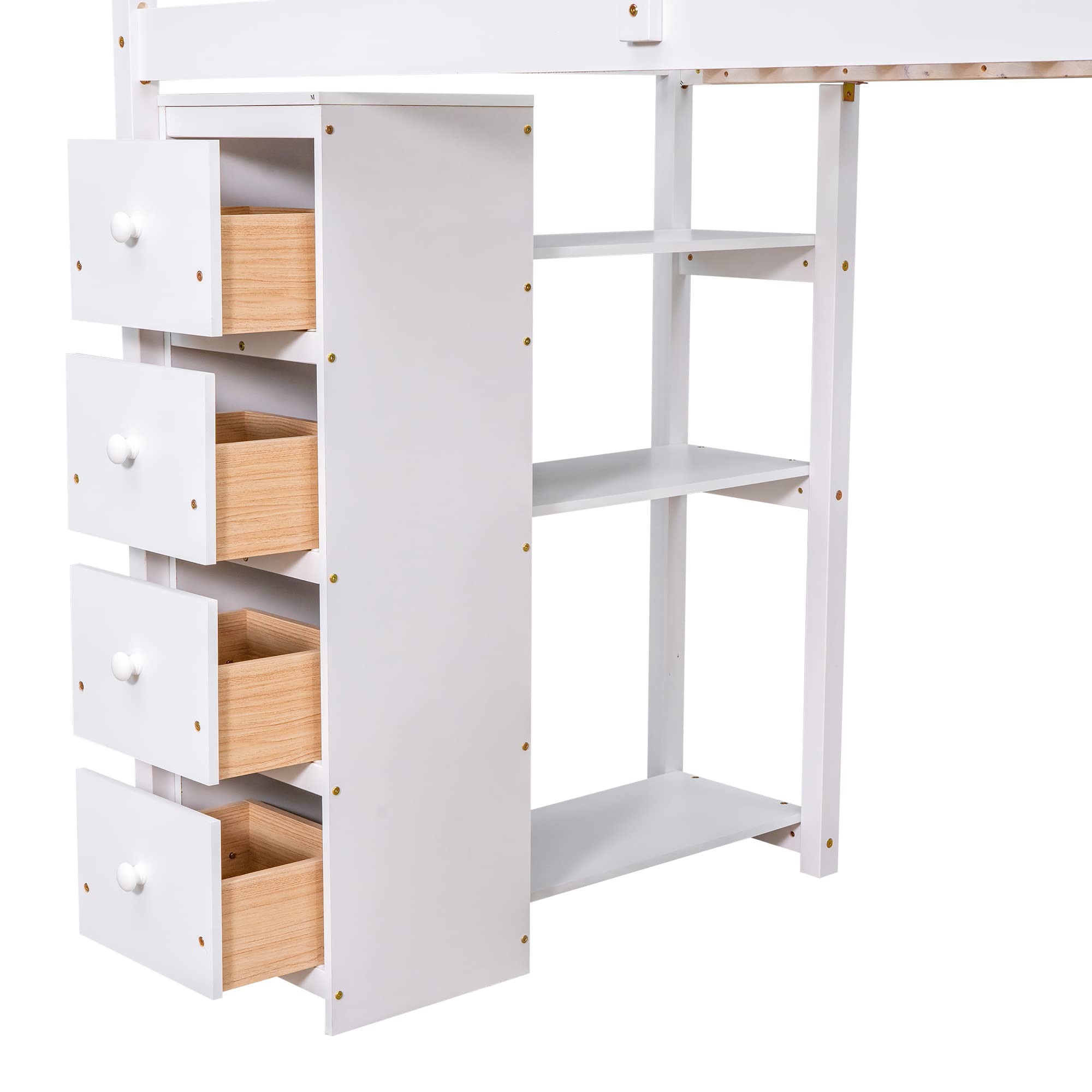 MERITLINE Twin Size Loft Bed with Stairs and Storage,Wooden Twin Loft Bed with 4 Drawers and Shelves, Kids Loft Bed Twin for Girls Boys Bedroom, Dorm(Twin,White)