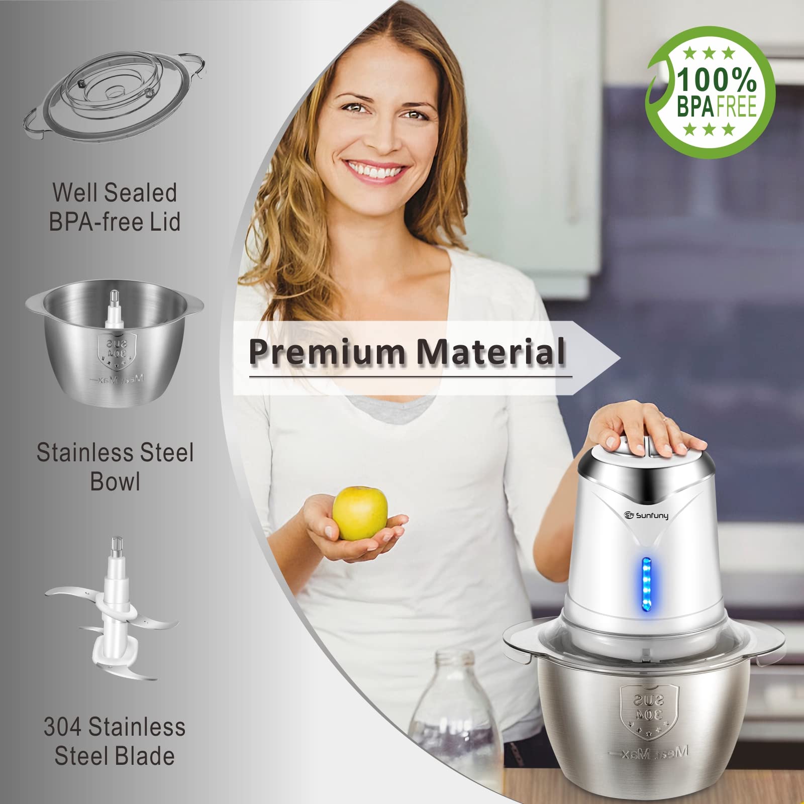 Food Processor Cordless Vegetable Chopper with 5 Cup Stainless Steel Bowl＆6000mAh USB Rechargeable Battery, Electric Garlic Meat Choppers BPA-free Baby Food Processors Blender Mincer, 2 Speeds (White)