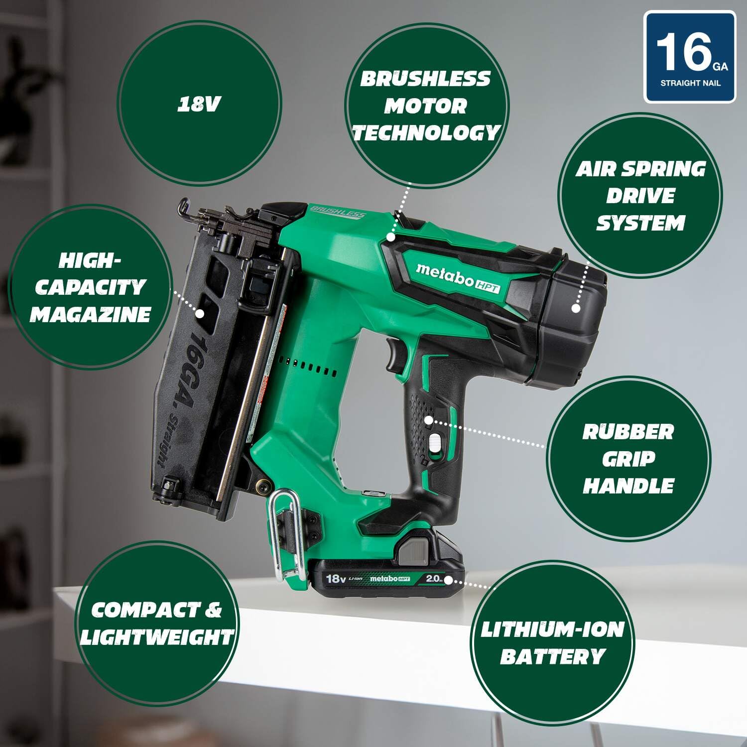 Metabo HPT 18V MultiVolt™ Straight Cordless Finish Nailer Kit, 16 Gauge Finish Nailer, (1) 18V 2.0Ah Lithium Ion Battery w/Fuel Gauge, Accepts Finish Nails, Lifetime Power Tool Warranty, NT1865DMST