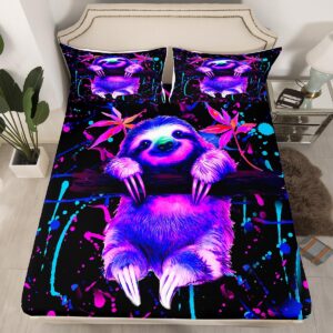 graffti sloth bed sheet set cute sloth fitted sheet colorful cartoon sloth bedding set for boys girls teens kawaii animal bed cover queen size with 2 pillow case