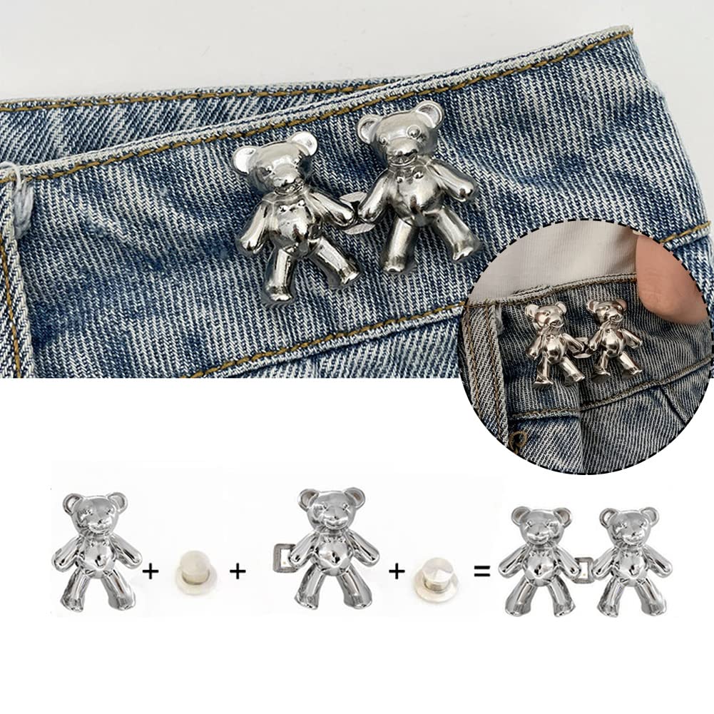 Thinslimer 8 Pairs Cute Bear Jeans Button Pins No Sew Detachable Waist Body Fit Tighten Buckles Perfect Girl's Gifts for Women Skirt Pant Jeans, Metal